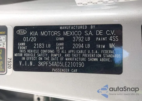 2020 Kia Forte Ex z USA, uszkodzony, nr VIN 3KPF54AD5LE210190